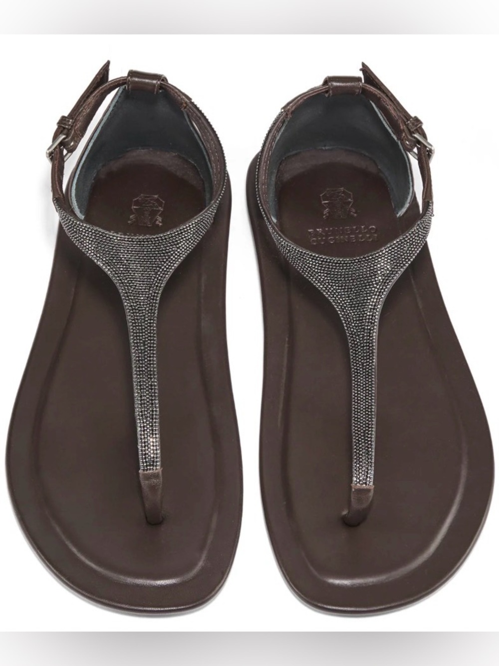 Brunello Cucinelli Brown Leather T‑Strap Sandal 37.5+Most Luxury Cushion Insoles